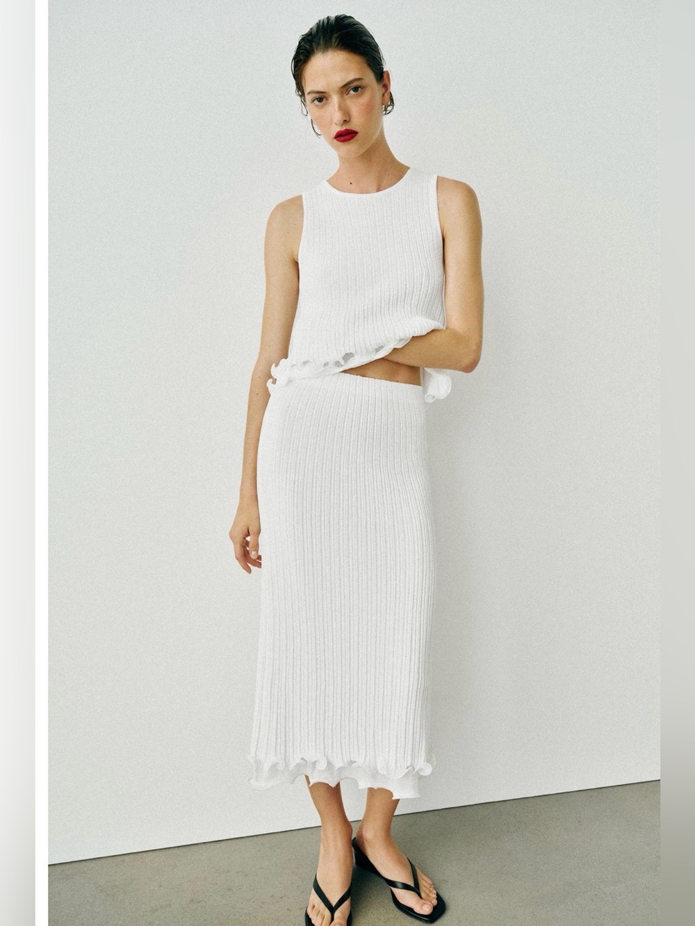NWT 2 Piece Set Zara White Ribbed Knit Double Layered Midi Skirt Large